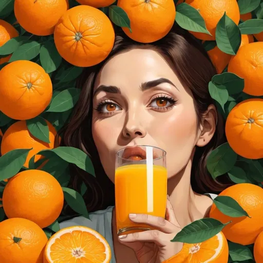Prompt: A woman drinking orange juice surrounded by thousands of oranges in the style of a comic.