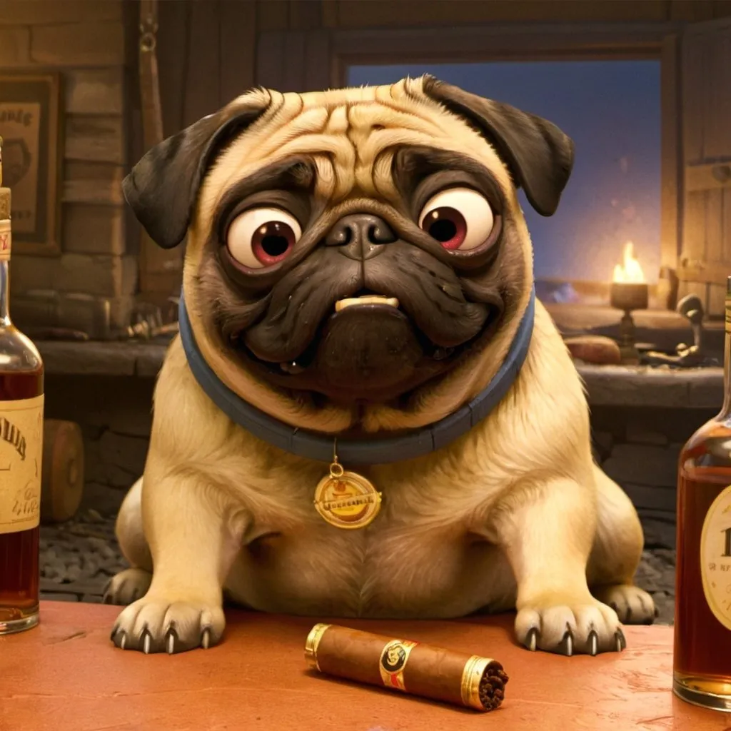 Prompt: old pug with a cigar in his mouth and a bottle of rum