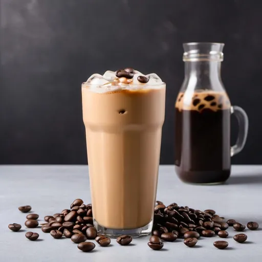 Prompt: a cold coffee with beans in and out
