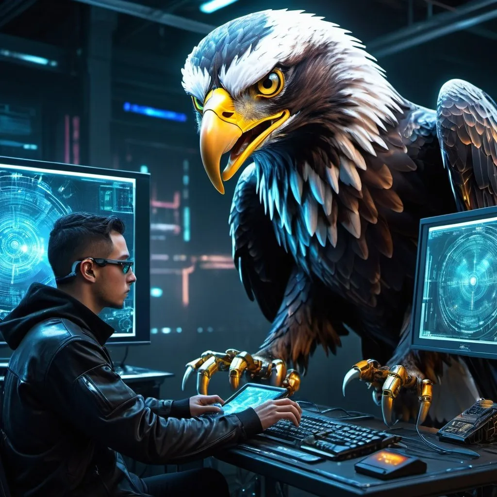 Prompt: Futuristic digital art of a hacker interacting with AI, hovering eagle, futuristic technology, detailed cybernetic enhancements, advanced holographic displays, intense and dramatic lighting, high-tech computer interface, eagle eye detail, ultra-HD, cyberpunk, futuristic, detailed machinery, professional, dramatic lighting, highres, AI interaction, holographic displays, intense atmosphere, eagle detail