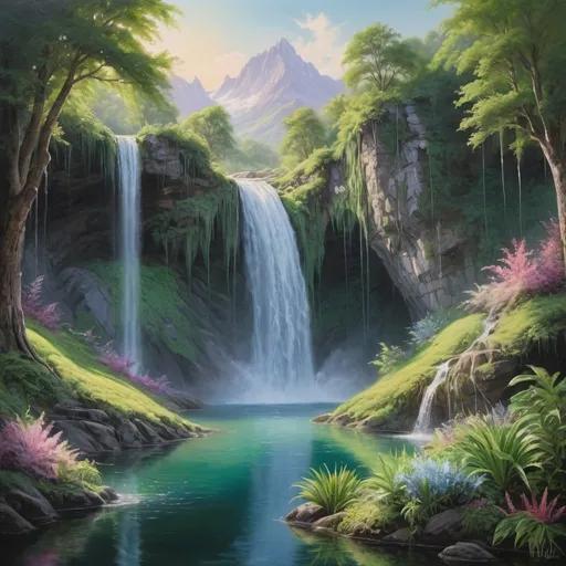 Prompt: Mesmerizing, vibrant, fantastical landscape, hyper-realistic, oil painting, sun-soaked, dreamy pastel hues, rolling hills, cascading waterfalls, majestic mountains, lush greenery, crystal-clear lakes, ethereal atmosphere, intricate details, high quality, hyper-realistic, oil painting, dreamy, pastel colors, vibrant landscape, majestic mountains, crystal-clear lakes, cascading waterfalls, lush greenery, fantastical, detailed, professional lighting