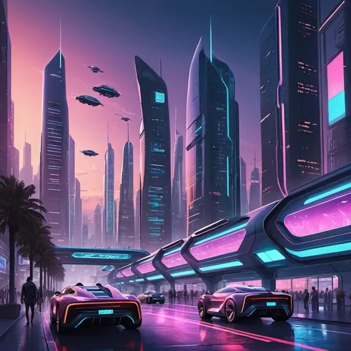 Prompt: Create a futuristic cityscape at dusk, with neon lights reflecting off sleek, glass buildings. Include flying cars and bustling streets with diverse people in high-tech attire.