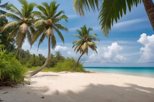 Prompt: Secenery of a tropical beach with coconut palms, plantain palms