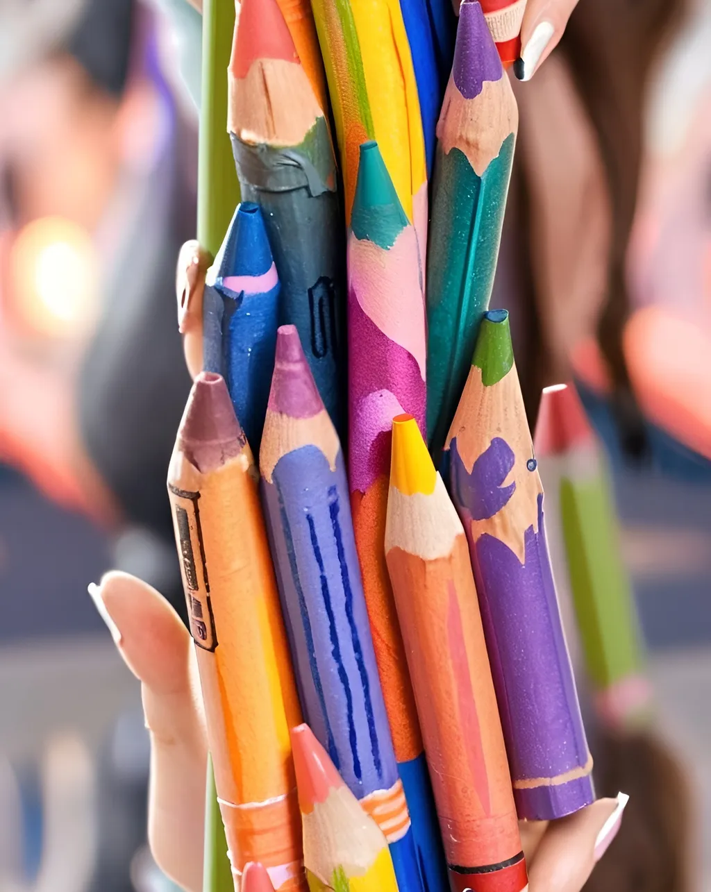 Prompt: Tall young woman walking down the high street, detailed clothing, realistic, natural lighting, fantasy wizards , holding big crayons 🖍️ 