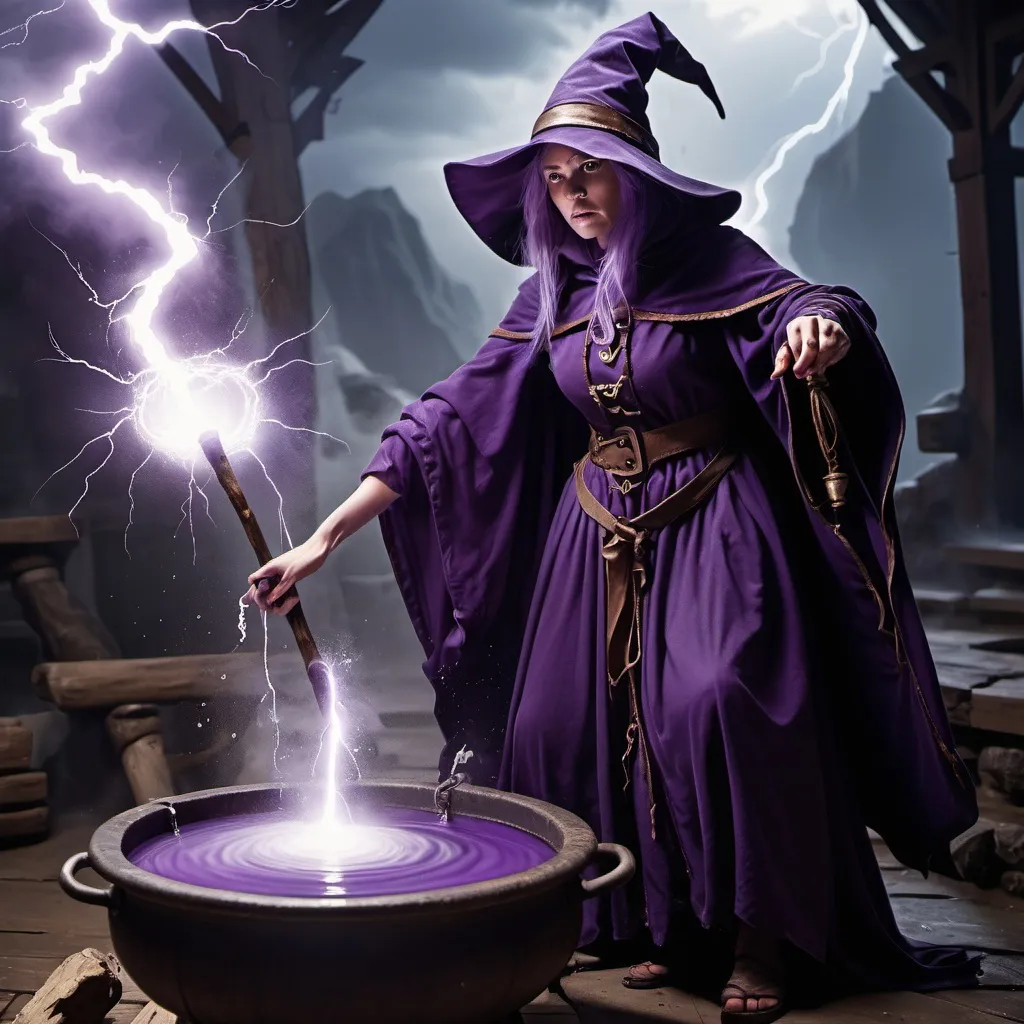 Prompt: A fantasy wizard dressed in dark purple is standing over a cauldron that is bubbling. She holds a decrepit wooden staff that is shooting out lightning towards the cauldron. 