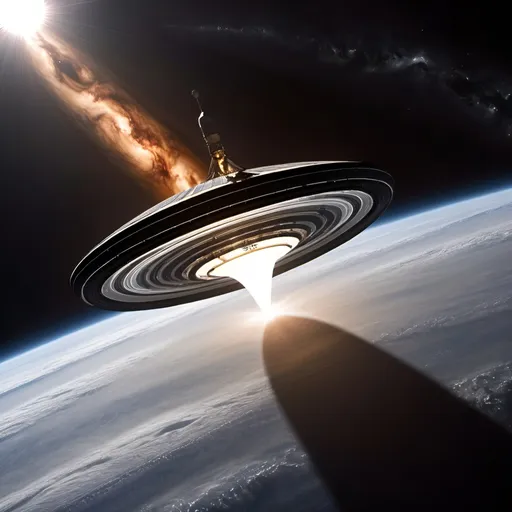 Prompt: Interstellar craft above the Earth’s solar vortex.   Craft is 120 miles in length, 36 miles in diameter, capable of housing 25 million people and 50,000 smaller craft. Name it Octavana