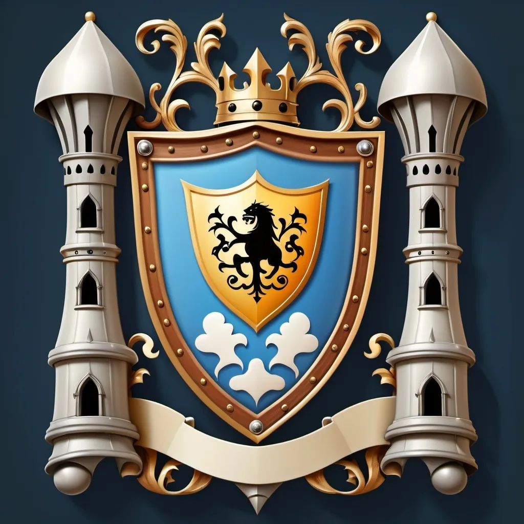 Prompt: family crest, towers in sky, bellowed shield frame, medieval style, fun