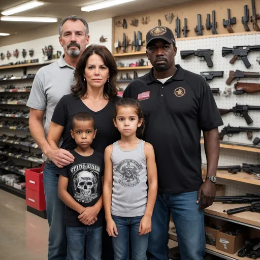 Prompt: Generate an image of a family of four, Spanish mother, English father, and two very dark kids in a Texas gunshop