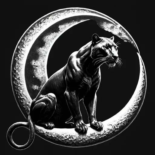 Prompt: (black and white), (hilm-shaped crescent moon) with intricate details, a panther perched on top, superior muscular build, glossy black fur, gazing directly with a strong yet sorrowful expression, its face clearly visible as it hangs gracefully downwards, soft shading creating depth and texture, dramatic contrast between light and shadow, enhancing the melancholic yet powerful ambiance, (pencil drawing)(simple).