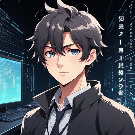 Prompt: Generate an image of a confident and handsome anime boy set against a background that incorporates coding and AI technology-related texts, creating a visually appealing fusion of anime aesthetics and technological elements.