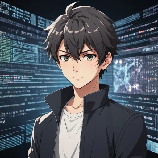 Prompt: Generate an image of a confident and handsome anime boy set against a background that incorporates coding and AI technology-related texts, creating a visually appealing fusion of anime aesthetics and technological elements.