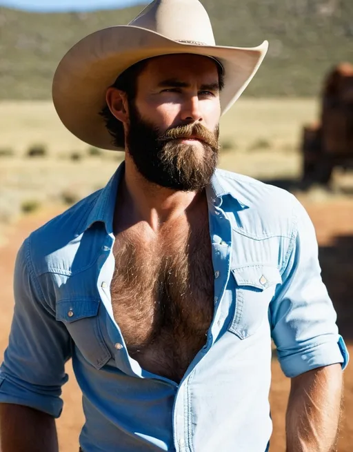 Prompt: bearded cowboy with hairy chest in an open shirt