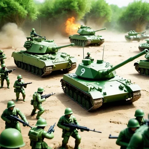 Prompt: white soldiers versus green soldiers, battlefield, tanks