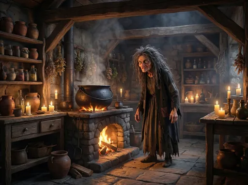 Prompt: @sRivbUrwHE1KphESEklZ Is standing in her kitchen near a wood burning stove. There is a big black pot on the stove. The camera angle is wide showing the entire kitchen. The kitchen lighting is lit by lots of candlelight. 