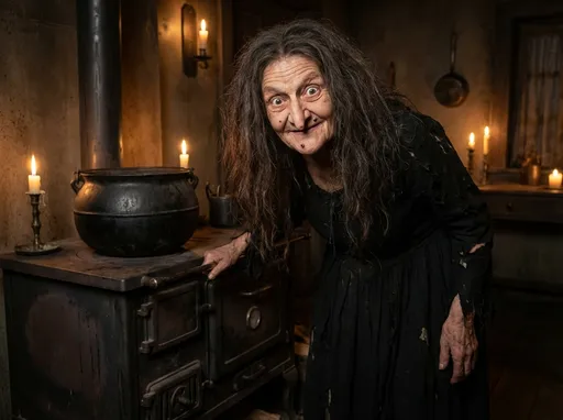 Prompt: A witch with long, black, stringy, oily hair. wide eyes, a long nose, a crooked smile, and a mole on the end of her nose. She is 5'-8", slender built, wearing a long, old black dress. She is standing next to an old wood-burning stove. There is a big black pot on the stove top. The room is lit by candlelight. She is 70 years old with very wrinkled skin. She has a strained voice.         