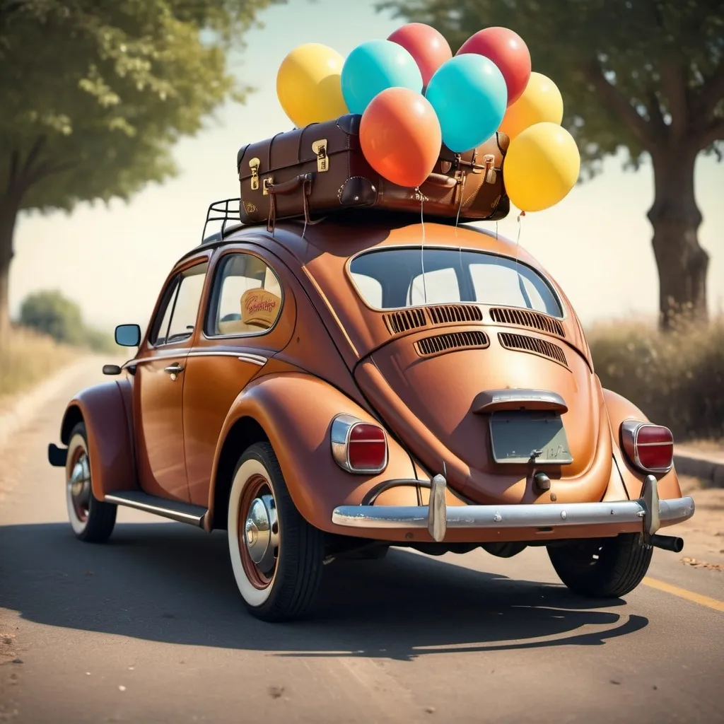 Prompt: (photorealistic) image of a vintage beetle car viewed from the rear, trunk open and overflowing with (vintage brown) suitcases, three colorful balloons floating inside, attached to the back bumper are five strings with (empty cans) dangling at the end, warm sunlight creating a nostalgic and cheerful atmosphere, detailed textures on the car, capture of intricate elements, (HD), portrays a sense of adventure and retro charm.