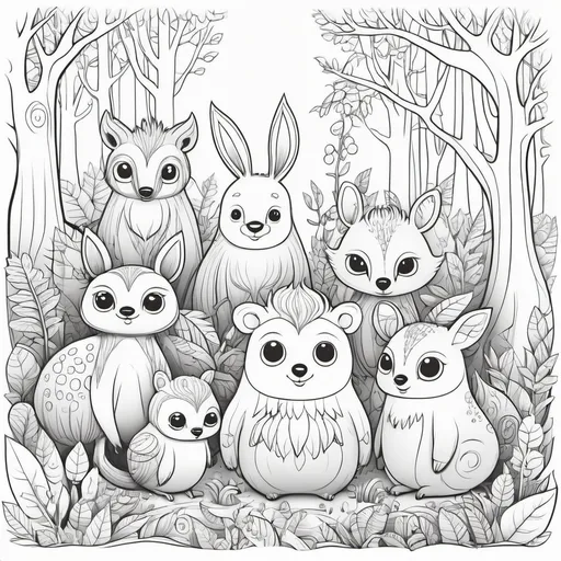 Prompt: whimsical forest creatures, thick line art, cartoon style, low detail, no shade, coloring book page