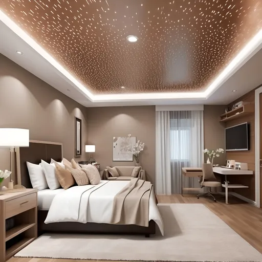 Prompt: Create a picture of a room Add a starry sky made of fiber optics to the ceiling as small dots not too close together. Only the ceiling should shine. Bedroom with bronw tones