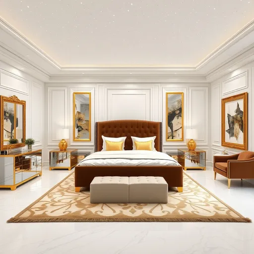 Prompt: Create the image of a large and comfortable room, with a sky with fiber optic points shining on the white ceiling. The extremely luxurious and sophisticated double bedroom, with pearly white walls and gold details. The king-size bed has a tall headboard upholstered in deep brown velvet, with white satin sheets and gold-toned pillows. Mirrored bedside tables with gold finishes feature bold design lamps. A cream silk rug covers the white marble floor, while gold-framed abstract artwork adorns the walls. Add a huge gold-framed mirror and velvet chairs to complete the room. The starry ceiling with fiber optic light points adds a celestial touch, enhancing opulence and glamor