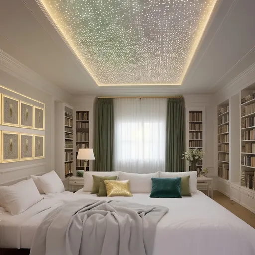 Prompt: Create the image of a large and comfortable room, with a sky with fiber optic points shining on the white ceiling. House-shaped bed with soft pastel sheets and fun pillows. The environment should be brown, light gray, light wood and gold and dark green details. Illuminated niches in the walls, filled with books