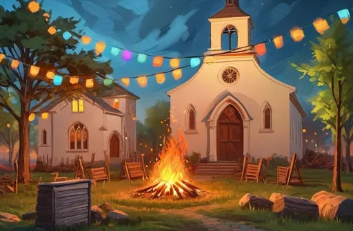 Prompt: Bonfire scene with vibrant warm colors, high quality, digital painting, different colorway, bright flames, with a church in the middle, night setting, detailed trees, atmospheric lighting, warm tones, intense glow, artistic style, professional, 3D rendering