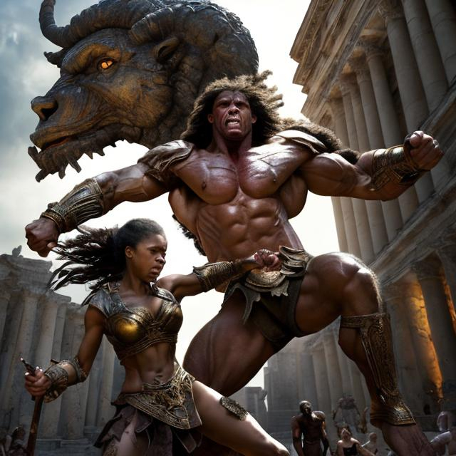 Prompt: In the colossum battle between slave woman and minotaur, realistic, photo, high quality, dramatic lighting, intense action, dynamic poses, detailed muscles, fierce expressions, ancient setting, epic fantasy, rich colors, powerful combat, epic struggle, dramatic lighting, realistic, highres, detailed muscles, fierce expressions, dynamic poses, intense action, rich colors, ancient setting, epic fantasy, powerful combat