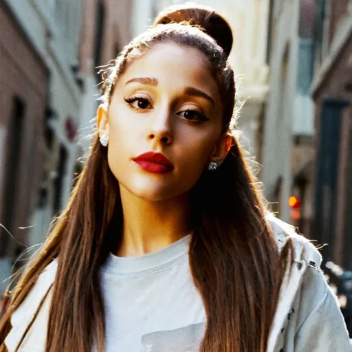 Prompt: Ariana Grande walking down the street, detailed clothing, realistic, natural lighting