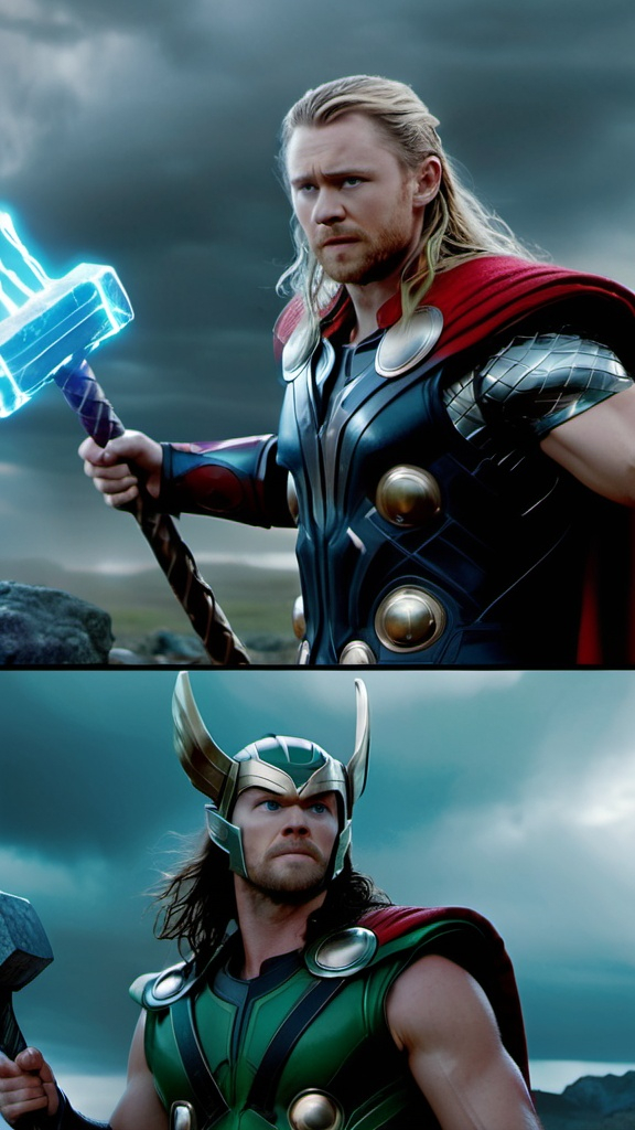 Prompt: Wide shot: The camera slowly pans across a dark, stormy battlefield. Flashes of lightning illuminate the rocky terrain.Characters: Thor and Loki stand on opposite sides, facing each other. Thor hold hammer, and Loki readies his magical scepter.Close-up of Thor: Focus on Thor's determined expression, lightning crackling around his hammer.Close-up of Loki: A sinister smirk, green energy glowing from his hand.