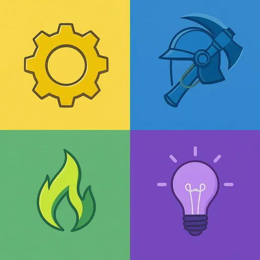 Prompt: Haut gauche (jaune/or) : engrenage = excellence & précision en logistique

Haut droit (bleu) : casque + hache de pompier = intégrité & courage

Bas gauche (vert) : flamme stylisée = adaptabilité & réactivité

Bas droit (violet) : ampoule = créativité & innovation