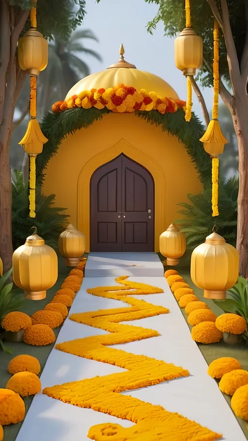 Prompt: A beautiful 3D rendering of the entrance to the Haldi ceremony. The path leading to the event is decorated with vibrant yellow flowers, marigolds, and golden lanterns. At the entrance, there’s a board with the text ‘Rasm-e-Haldi’ in bold, festive lettering, welcoming guests to the joyous celebration.