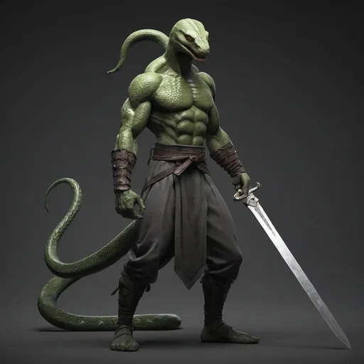 Prompt: Snake man character. Holding sword with one hand.