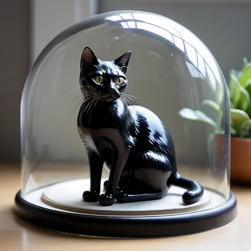 Prompt: Black cat in glass dome