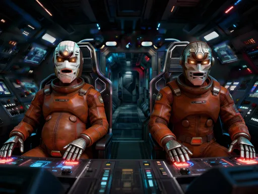 Prompt: in @image-1768515054769-0, @image-1768515054769-1 is seated in the left seat with her metal hands on front control board, and @image-1768515054769-2 is seated in the right seat with his metal hands on front control board