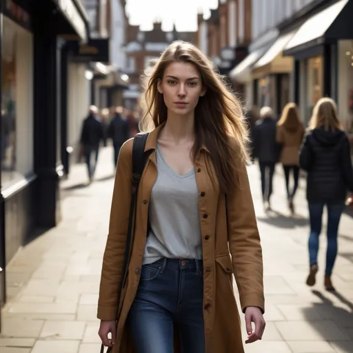 Prompt: Tall young woman walking down the high street, detailed clothing, realistic, natural lighting