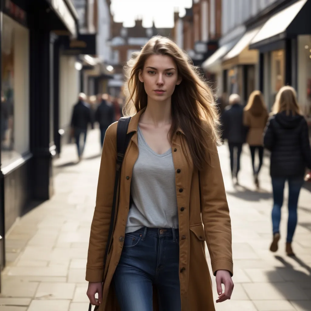 Prompt: Tall young woman walking down the high street, detailed clothing, realistic, natural lighting