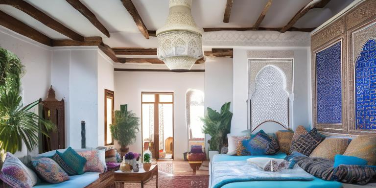 Prompt: https://images.lifestyleasia.com/wp-content/uploads/2017/03/01180942/morocco.jpg https://cdn.decoist.com/wp-content/uploads/2014/07/Moroccan-rug-adds-visual-warmth-to-the-contemporary-living-room.jpg https://i.pinimg.com/1200x/2c/07/7b/2c077baec9a9fc4123b892e0733058f5.jpg interior design for a lounge, cafe with the theme of morroccan style as the attached pictures with colors blue and light brown also need futuristic touch in the design, Unreal Engine, 8K 3D