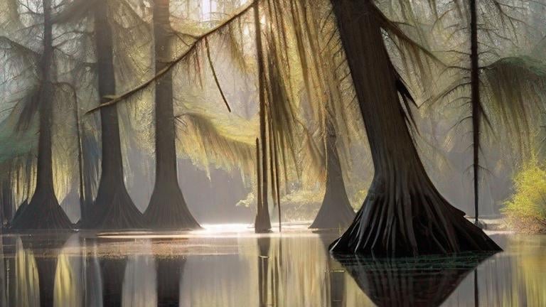 Prompt: A sun-dappled cypress grove, standing in a shallow swamp, with quiet, dark waters.