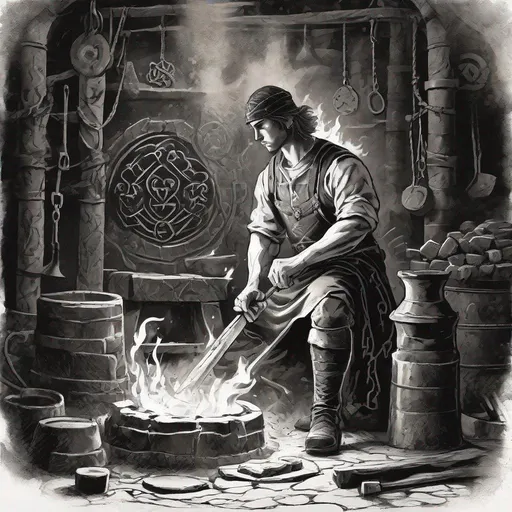 Prompt: A young blacksmith, full body, working in an ancient forge. He is surrounded by arcane sigils. High contrast and shadows from the flames. Fantasy art. Celtic/slavic theme. Dynamic pose.