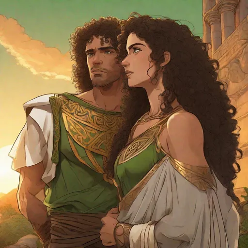 Prompt: A mixed man with curly hair and large green eyes stands next to a brunette Amazon woman, and they watch the sunset together. 

Over the shoulder shot, sunny, happy, dynamic poses, Celtic, Greek, ancient world, high detail