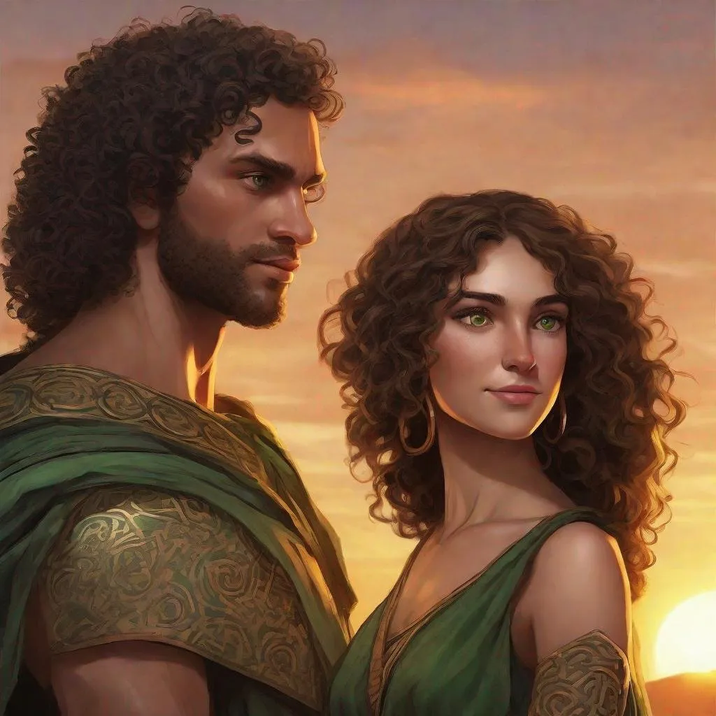 Prompt: A mixed man with curly hair and large green eyes stands next to a brunette Amazon woman, and they watch the sunset together. 

Over the shoulder shot, sunny, happy, dynamic poses, Celtic, Greek, ancient world, high detail