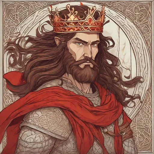 Prompt: A king with a brown hair and eyes. He is wearing red and has a crown of fire. 

Celtic mythological scene, full body shot, dynamic poses