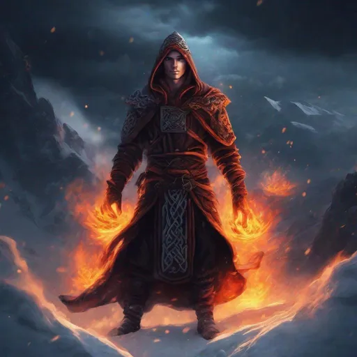 Prompt: A young fire mage, full body, surrounded by flames. He is standing atop a snowy mountain at night. High contrast and shadows from the flames. Fantasy art. Celtic/slavic theme