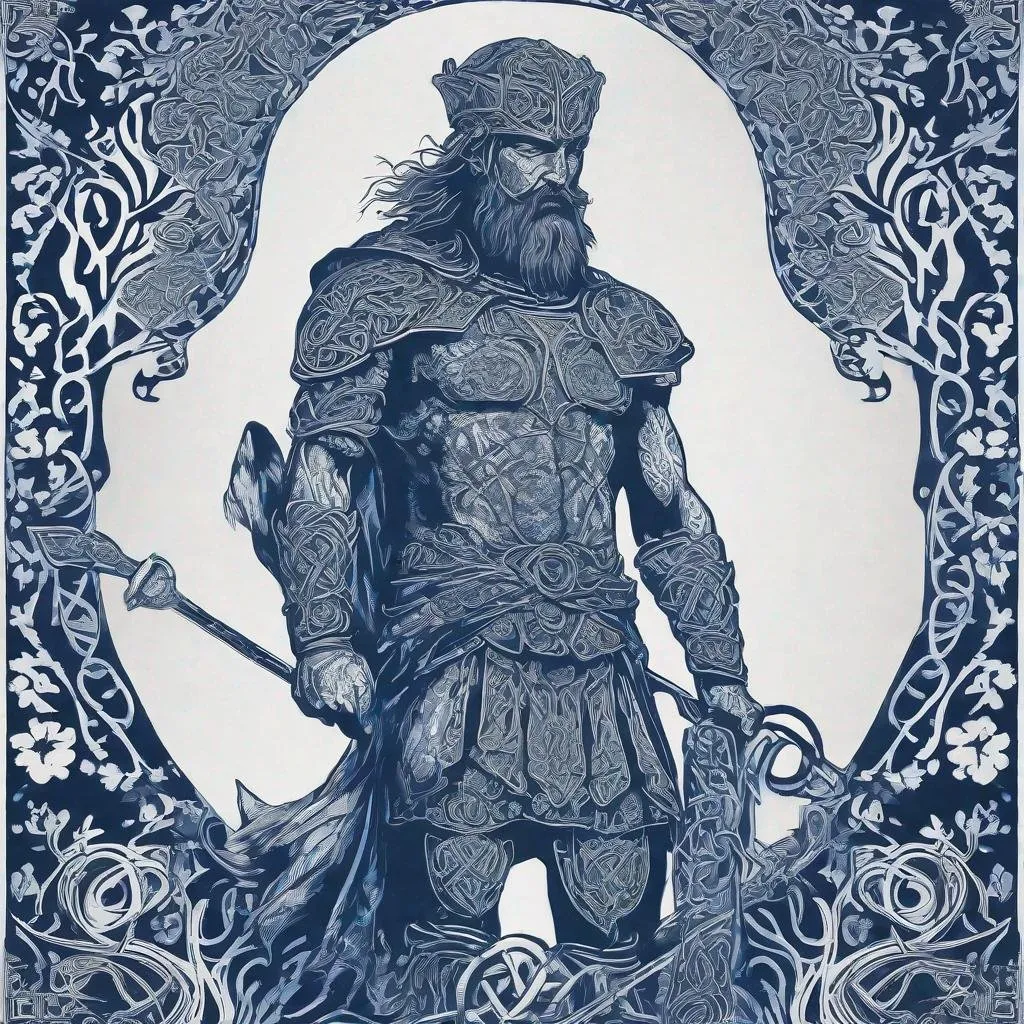 Prompt: A bold monochrome blue screen print of a celtic warrior, interlaced with mirrored baroque trees and tattoo-like filigree details. No other color present, sharp outlines, symmetrical composition. Created Using: monochrome palette, graphic design precision, single color screenprinting technique, occult patterns, symmetrical balance, high contrast, stylized forest motifs, hd quality --ar 4:5