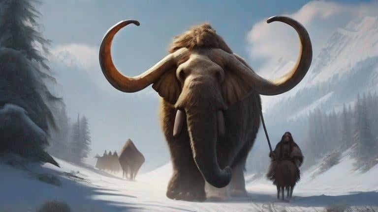 Prompt: Paleolithic tribesmen riding a mammoth. 

High detail, ancient Slavic, dynamic lighting, winter
