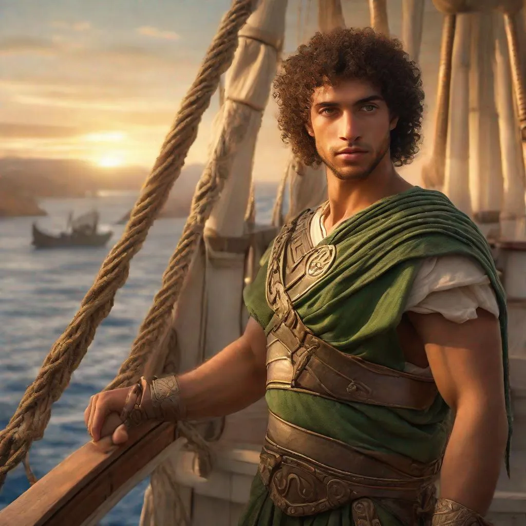 Prompt: A mixed man with curly hair and large green eyes watching the sunset from the deck of an Ancient Greek ship. An Amazon warrior stands next to him, with a hand off on the man’s shoulder. 

Full body shot, sunny, happy, dynamic poses, Celtic, Greek, ancient world, high detail