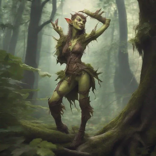 Prompt: An attractive goblin woman with elf-like traits, in a forest setting, Fantasy art, full-body shot, dynamic pose