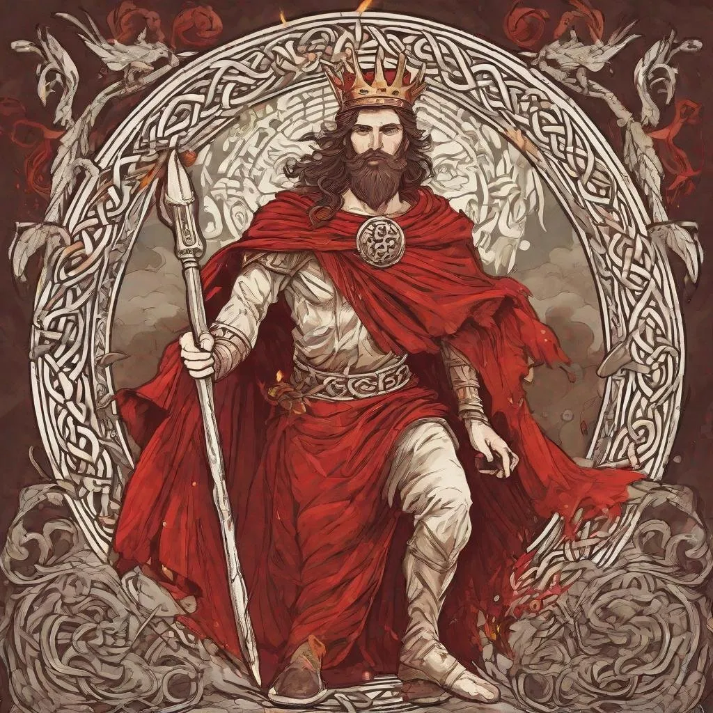 Prompt: A well-groomed king with a brown hair and eyes. He is wearing red and has a crown of fire. 

Celtic mythological scene, full body shot, dynamic poses