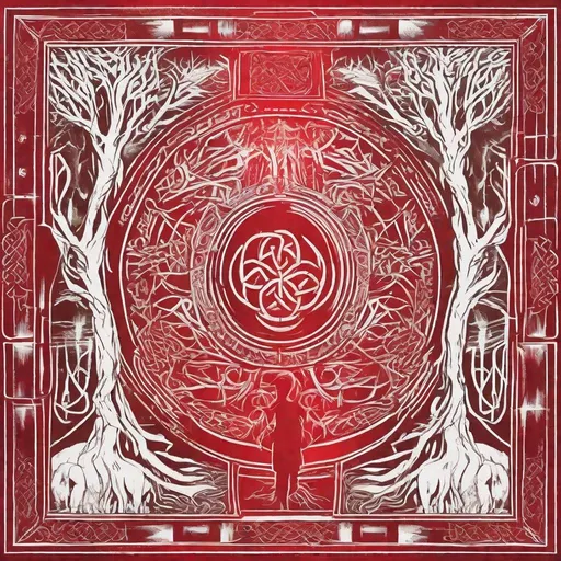 Prompt: A bold monochrome red screen print of a young fire mage, interlaced with mirrored celtic knot trees and landscape motifs. No other color present, sharp outlines, symmetrical composition. Created Using: monochrome palette, graphic design precision, single color screenprinting technique, occult patterns, symmetrical balance, high contrast, stylized fire motifs, hd quality --ar 4:5