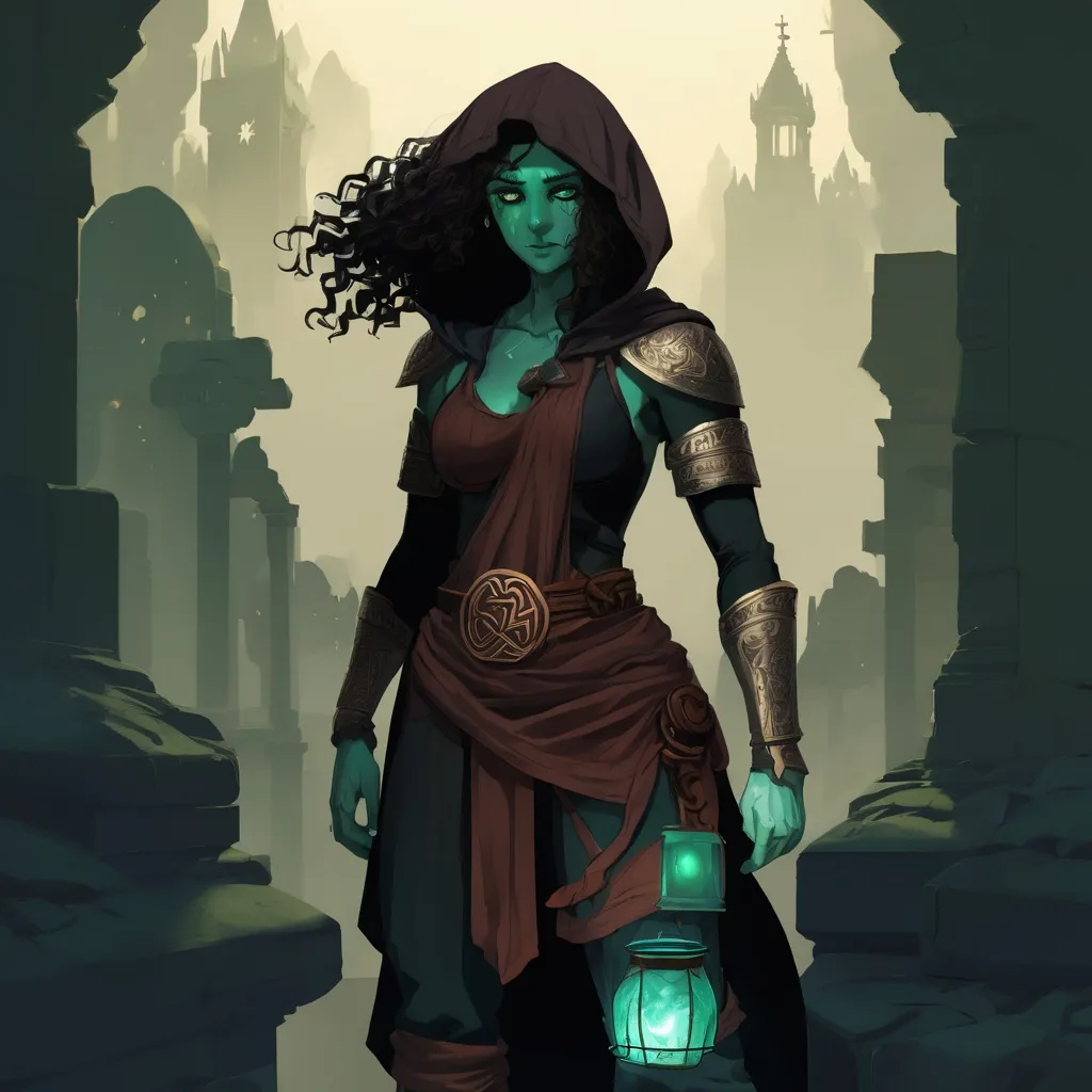 Prompt: A hooded man with curly hair crouching next to a shorter female rogue. The female has bluish green skin, and is hooded as well. They are in a cluttered archive full of relics and artifacts, and are hiding from people with lanterns. 

Book cover art, Celtic mythology, ancient world