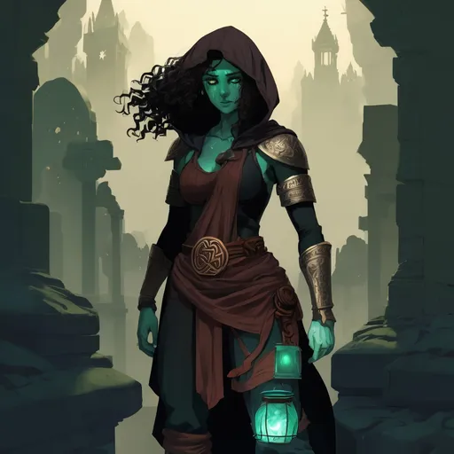 Prompt: A hooded man with curly hair crouching next to a shorter female rogue. The female has bluish green skin, and is hooded as well. They are in a cluttered archive full of relics and artifacts, and are hiding from people with lanterns. 

Book cover art, Celtic mythology, ancient world